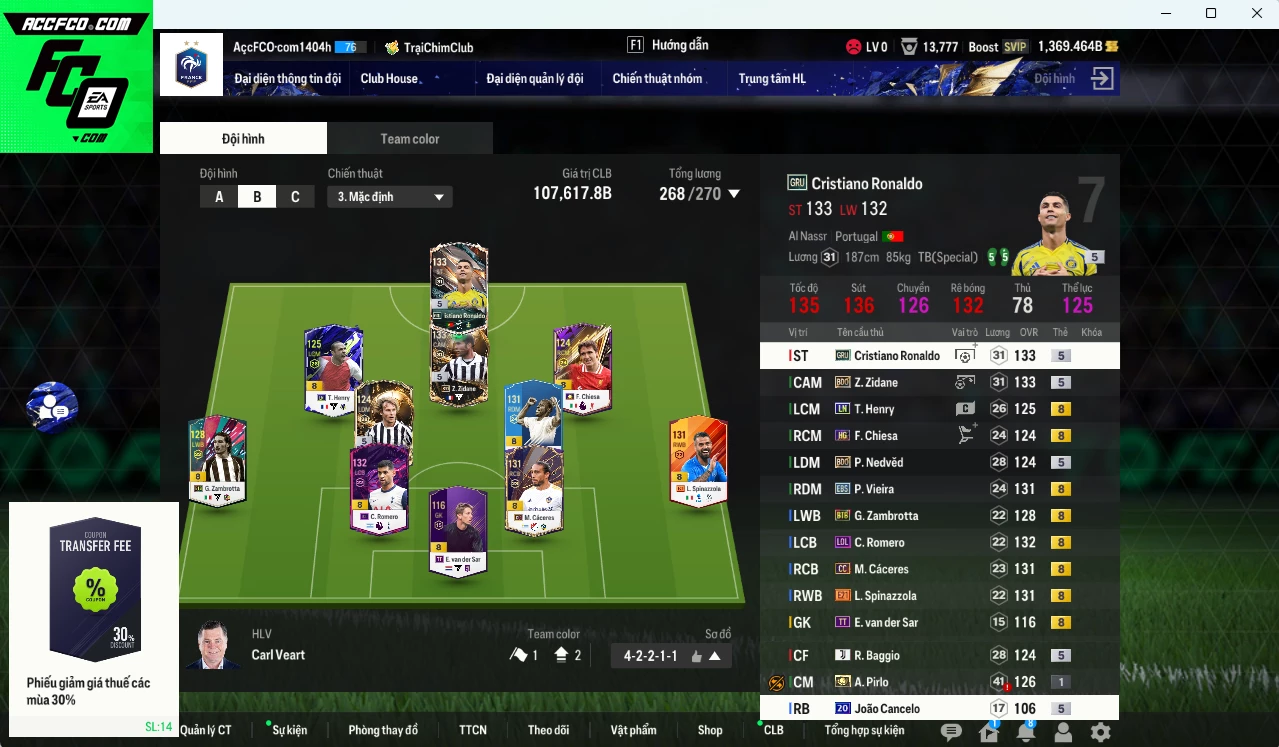 Juventus 107.610b dư 1300b có Henry LN, Zidane BDO, CR7 GRU, Chiesa HG, Vieira EBS, Nedved BDO, Cáceres CC, Spinazzola E21, VDS TT, Romero LOL, Zambrotta BTB...